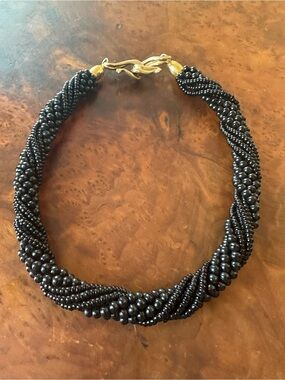 Vintage Black Twisted Beaded Necklace with Gold Clasp